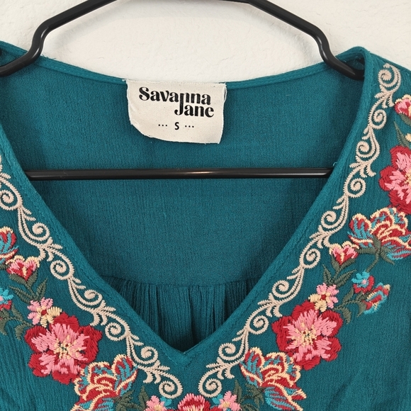 Savanna Jane Turquoise Floral Embroidered Long Sleeve V Neck Blouse Small - Picture 5 of 9